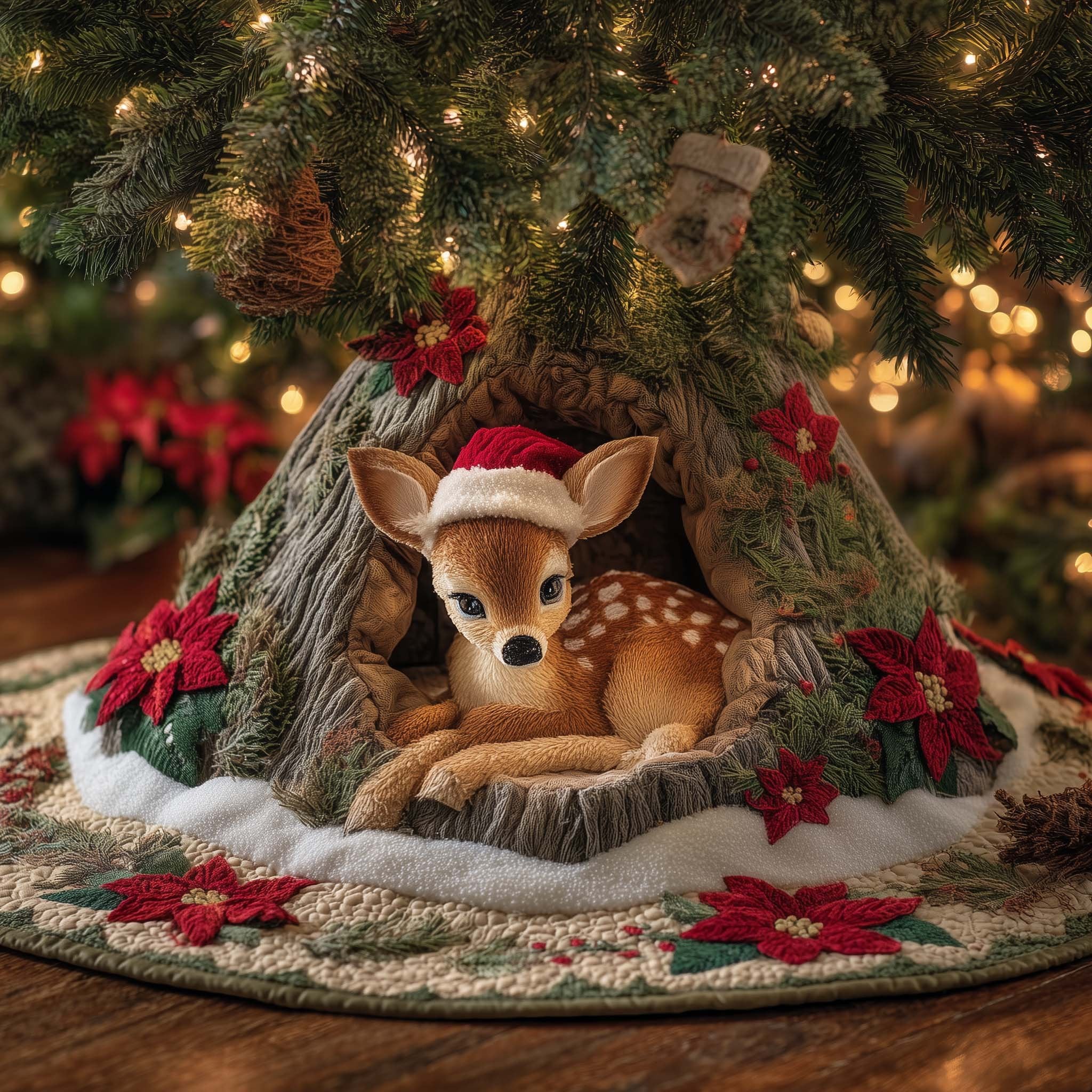 Fawn in a Santa Hat with Poinsettias Christmas Tree Skirt