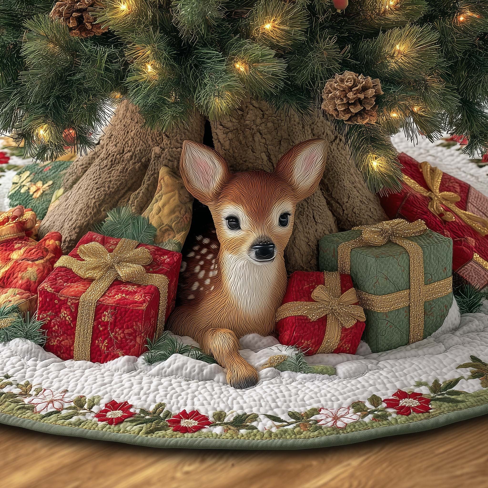 Fawn Among Wrapped Gifts Christmas Tree Skirt