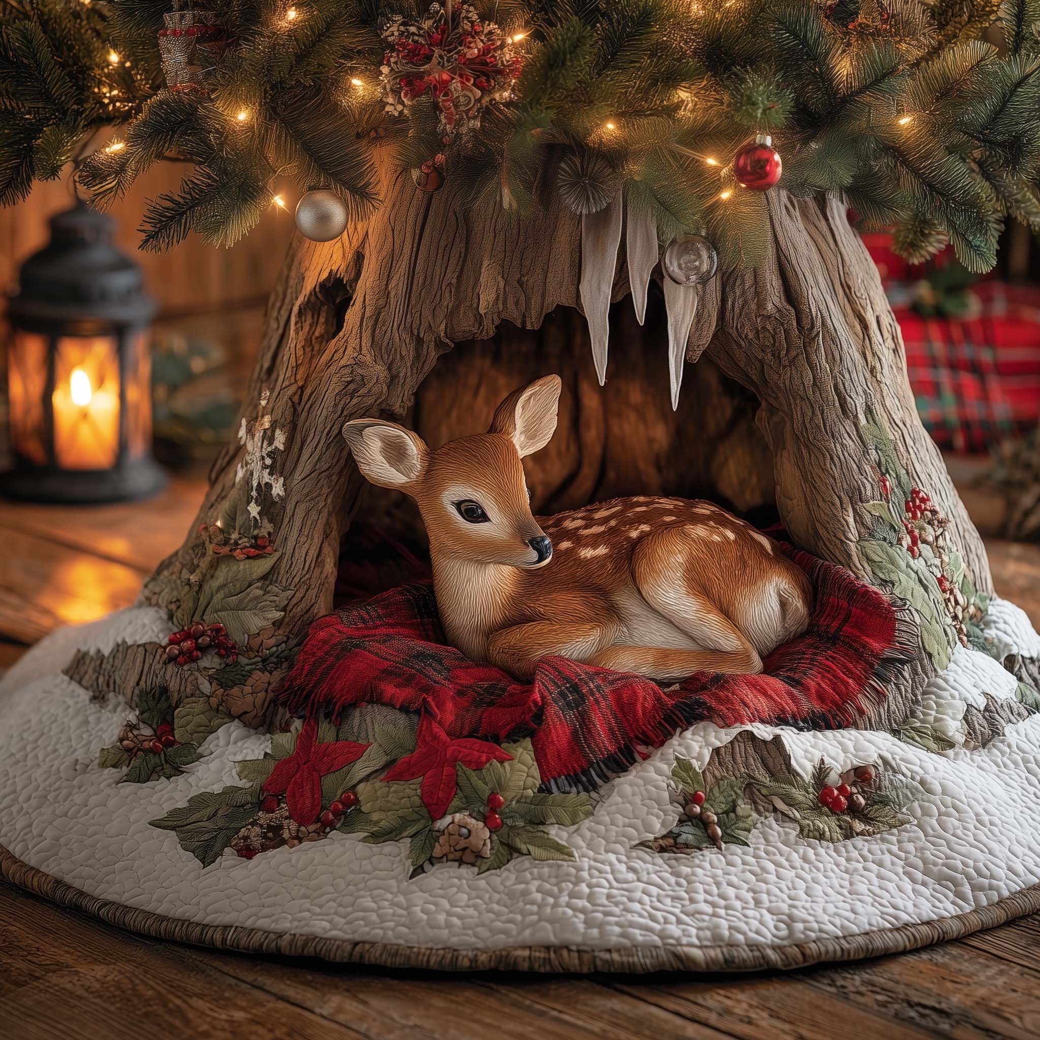 Two Fawns on Red Plaid Blanket Christmas Tree Skirt