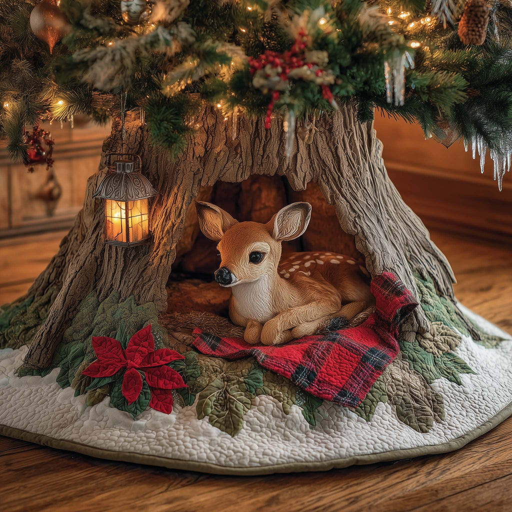 Fawn with Lantern and Red Plaid Christmas Tree Skirt