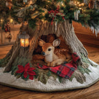 Fawn with Lantern and Red Plaid Christmas Tree Skirt