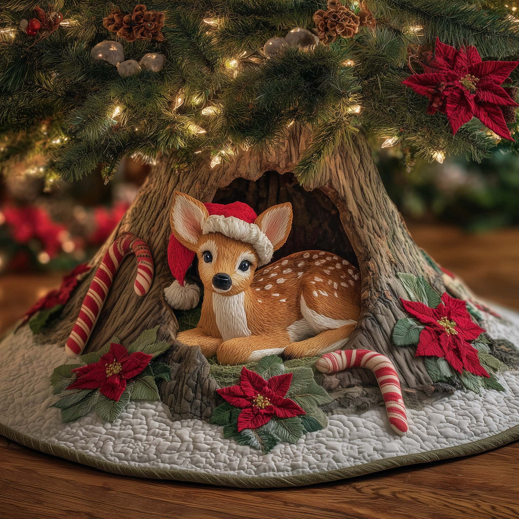 Fawns with Candy Cane and Santa Hat Christmas Tree Skirt