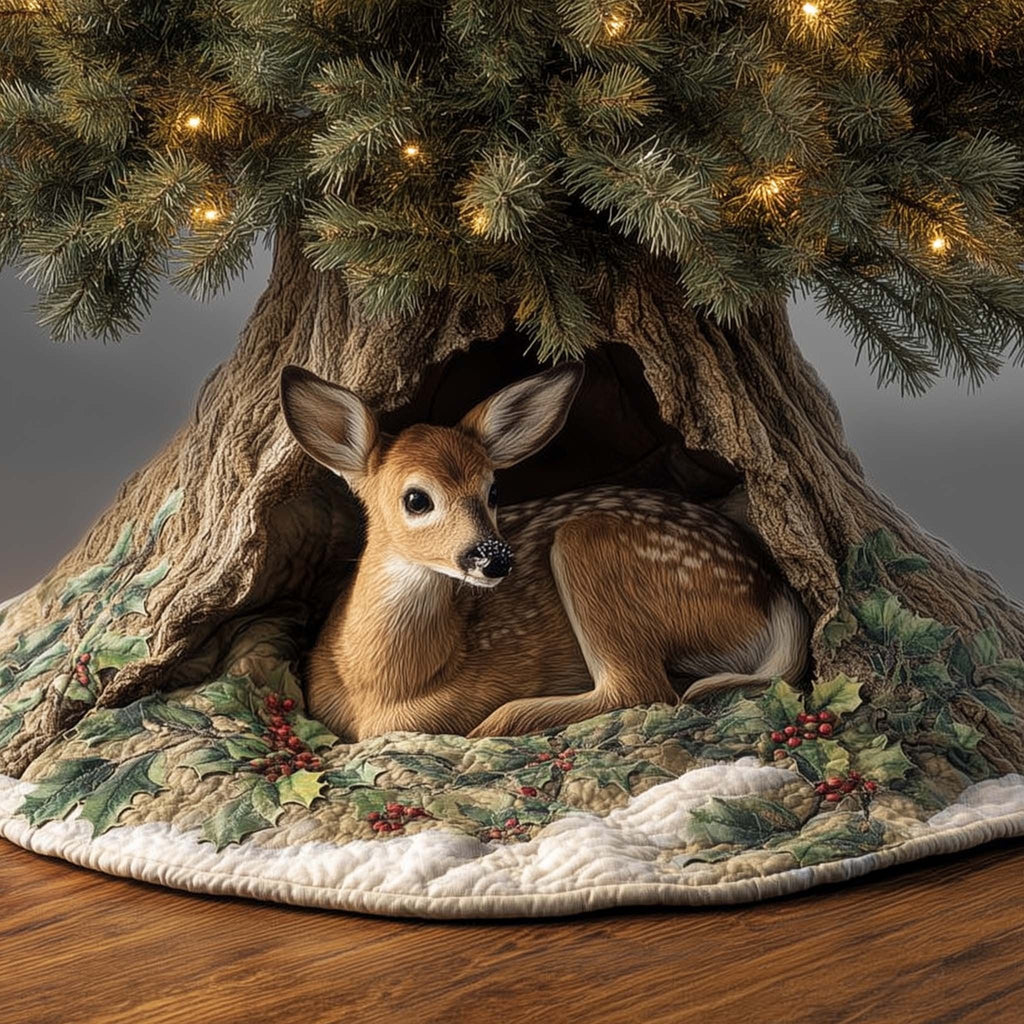 Fawn in the Tree Hollow with Holly Christmas Tree Skirt