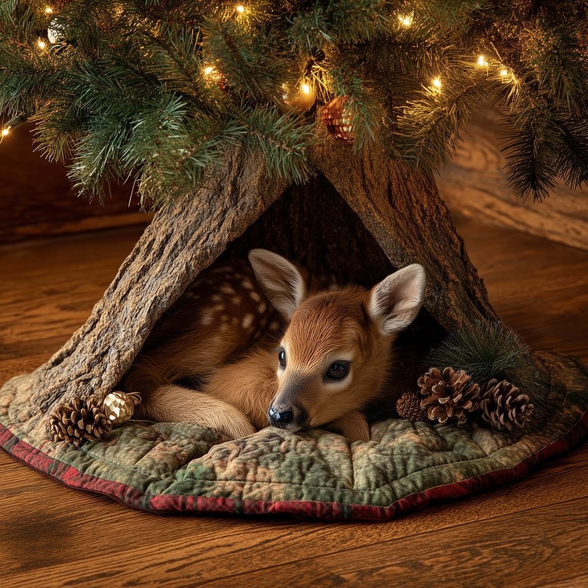 Spotted Fawn Resting on Green Moss Christmas Tree Skirt
