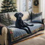 Black Labrador on the Cream Quilt Sofa Cover