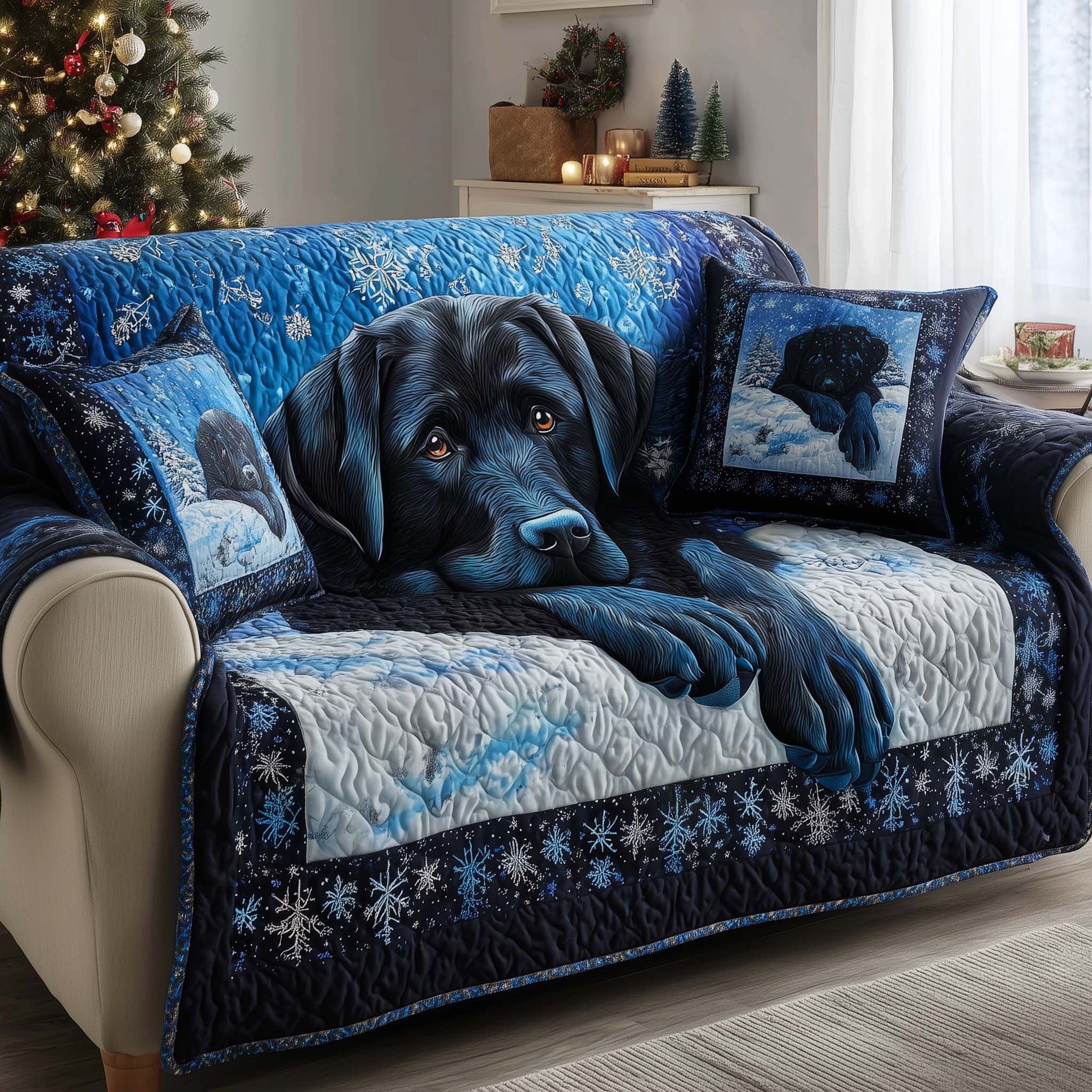 Black Labrador on Blue Snowflakes Sofa Cover
