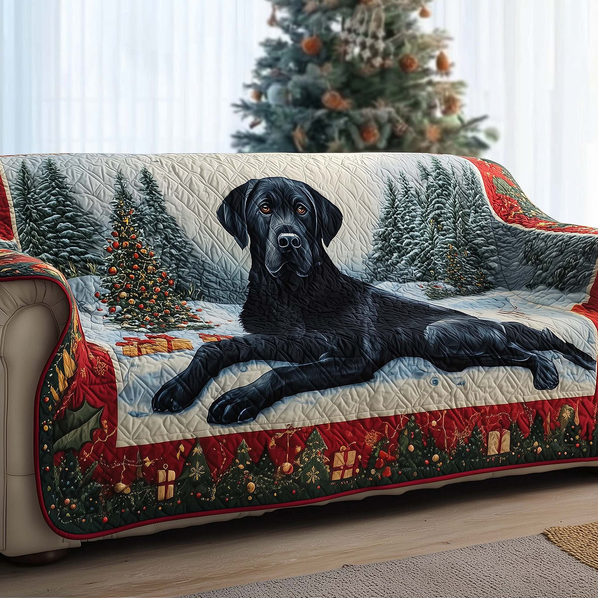 Black Labrador by the Christmas Tree Sofa Cover