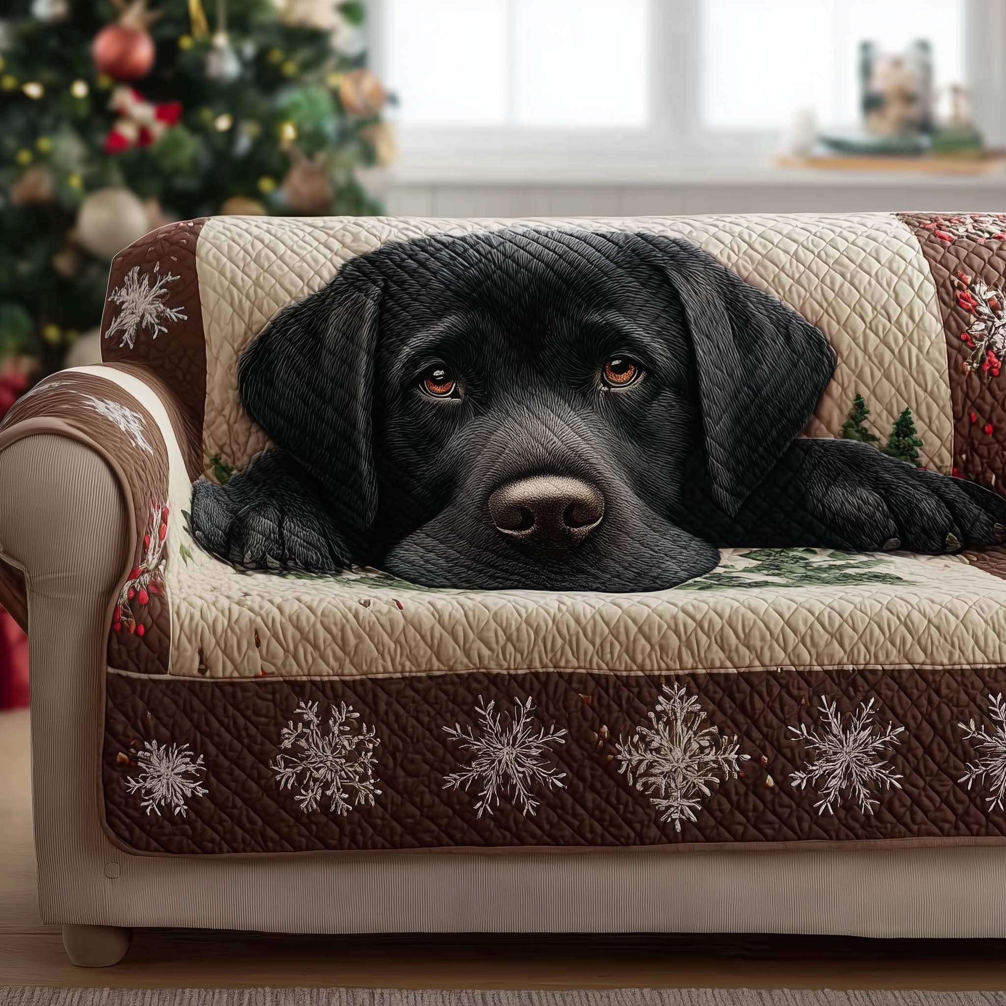 Resting Black Labrador Above Snowflakes Sofa Cover