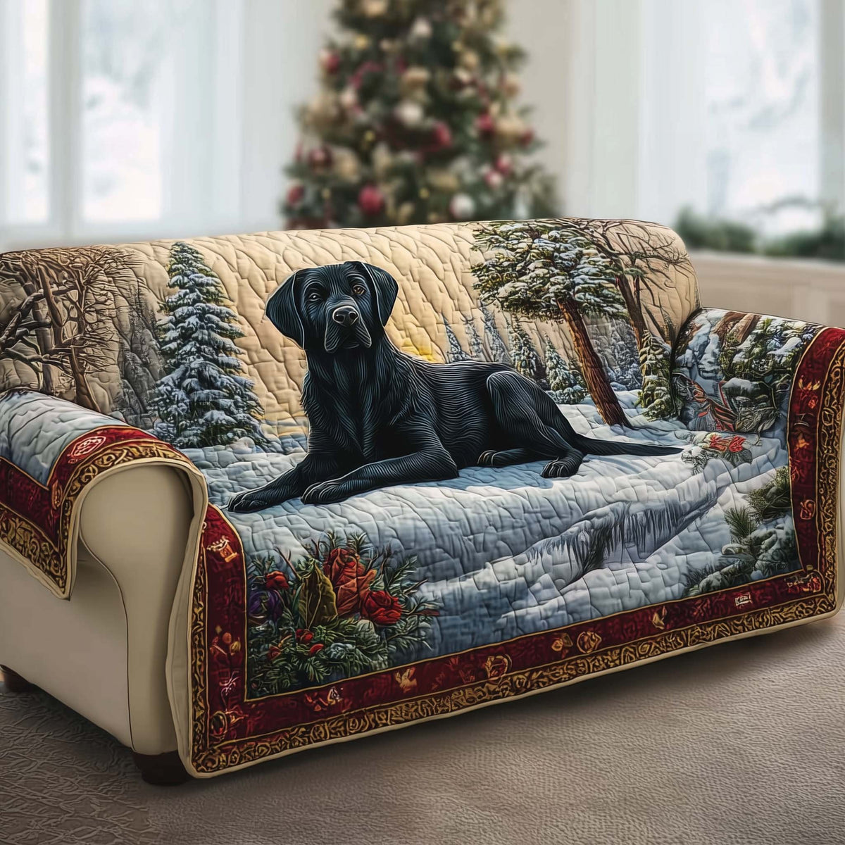 Black Labrador in the Snowy Pines Sofa Cover
