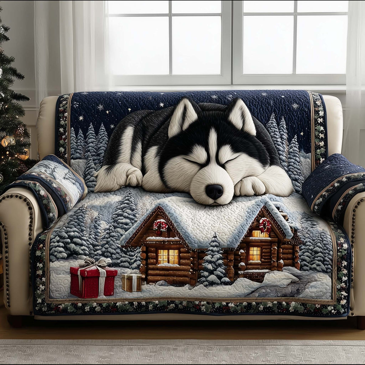 Husky Puppies Asleep on the Cabin Roof Sofa Cover