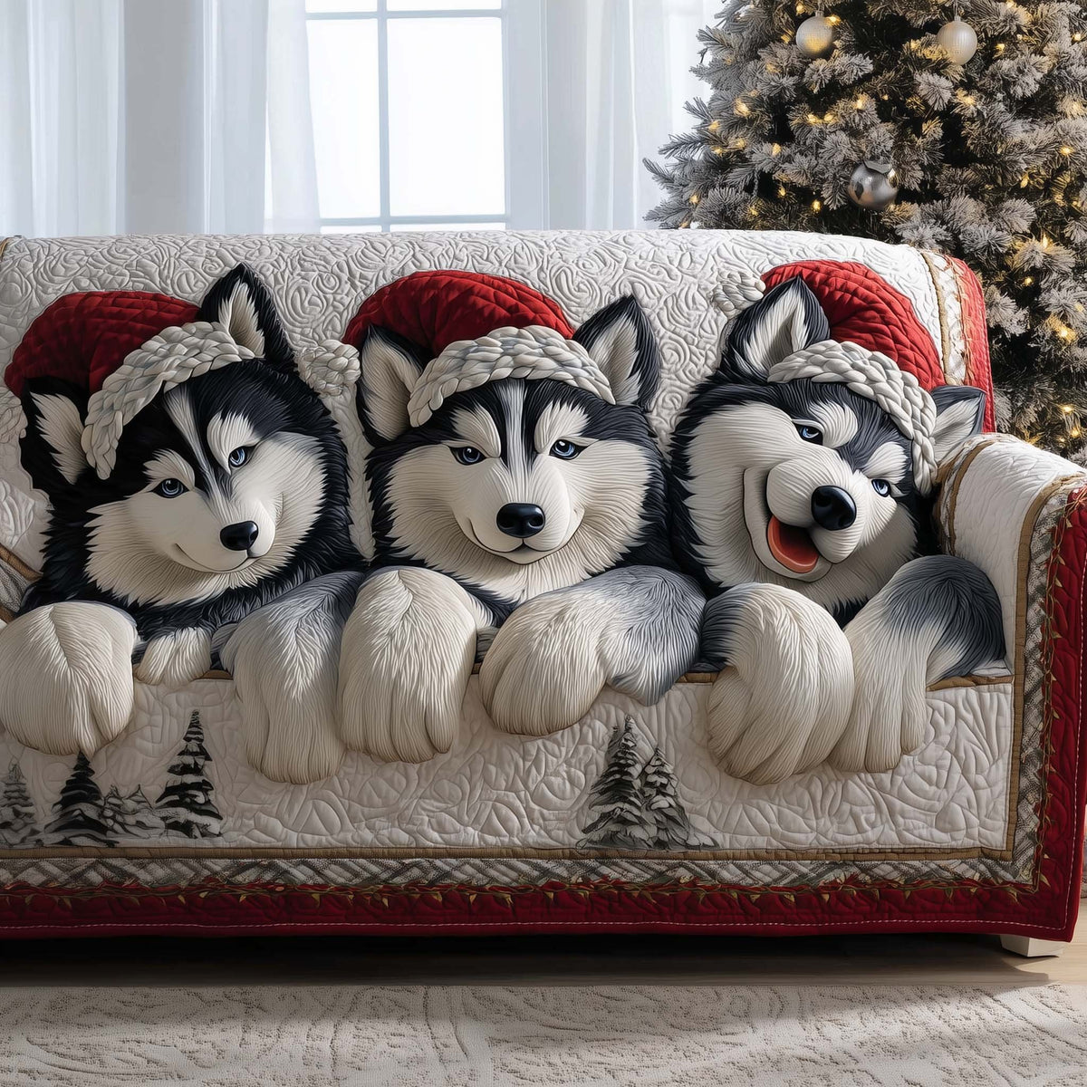 Three Huskies in Red Santa Hats Sofa Cover