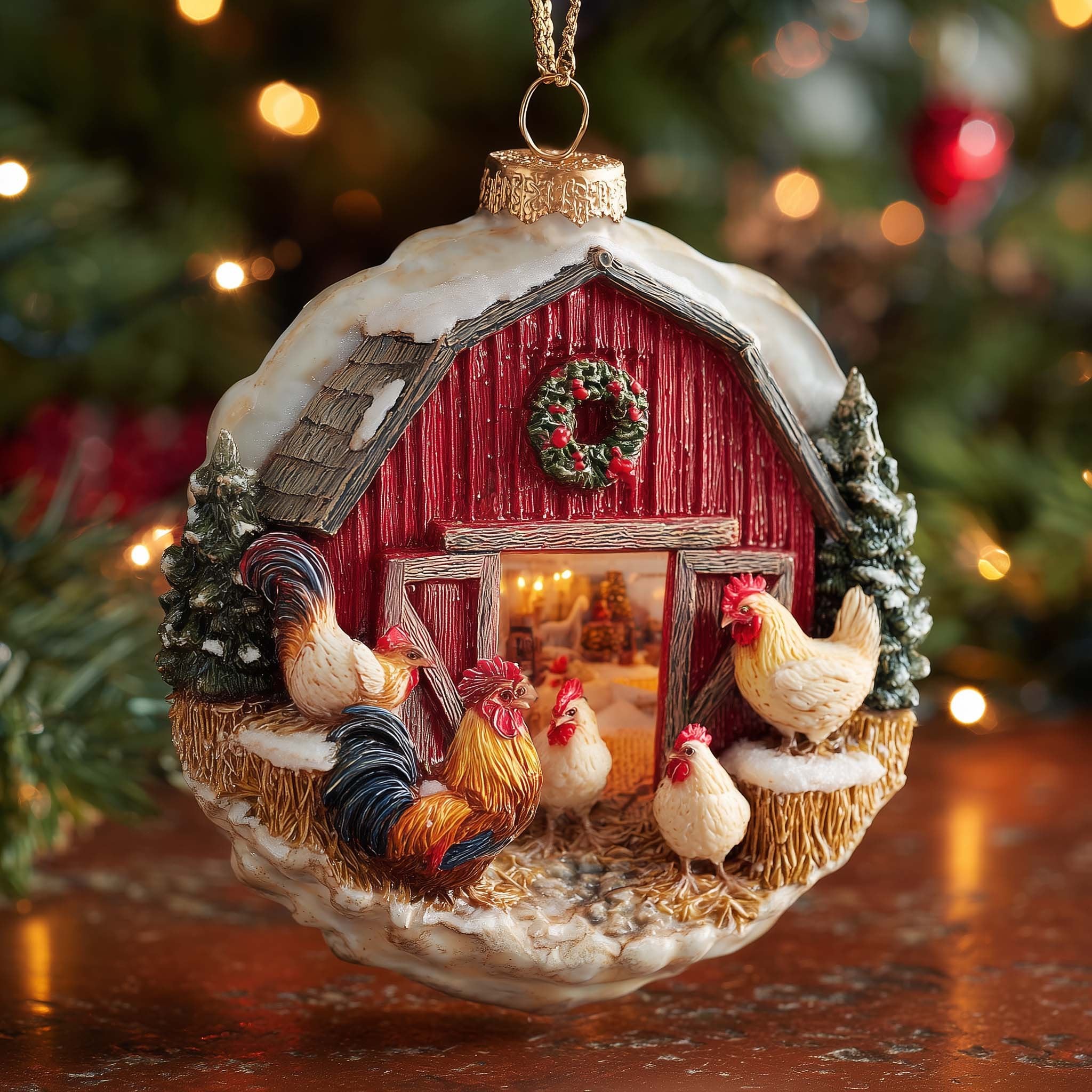 Red Barn Chicken Coop Globe Christmas Ornament