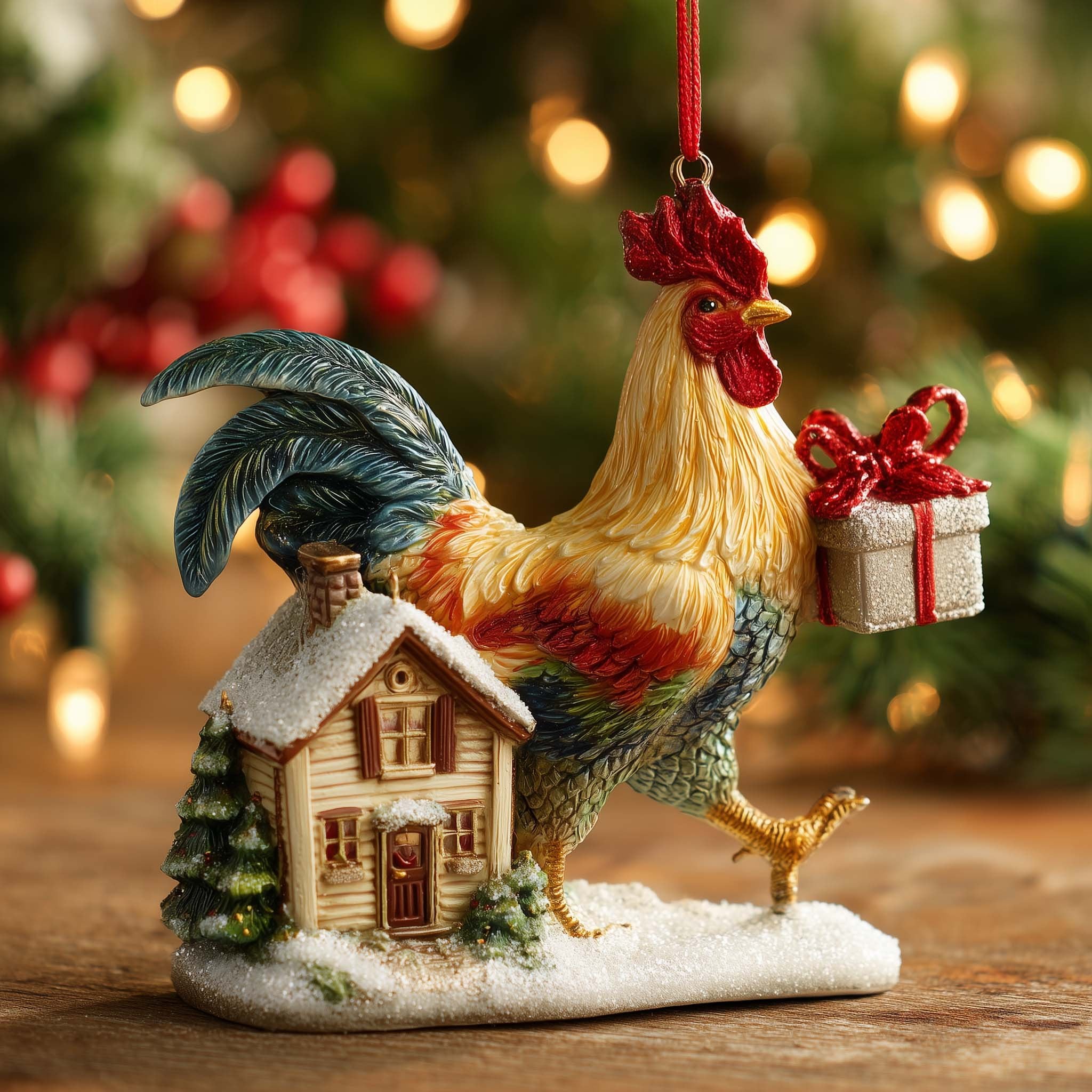 Rooster Delivering a Present Christmas Ornament