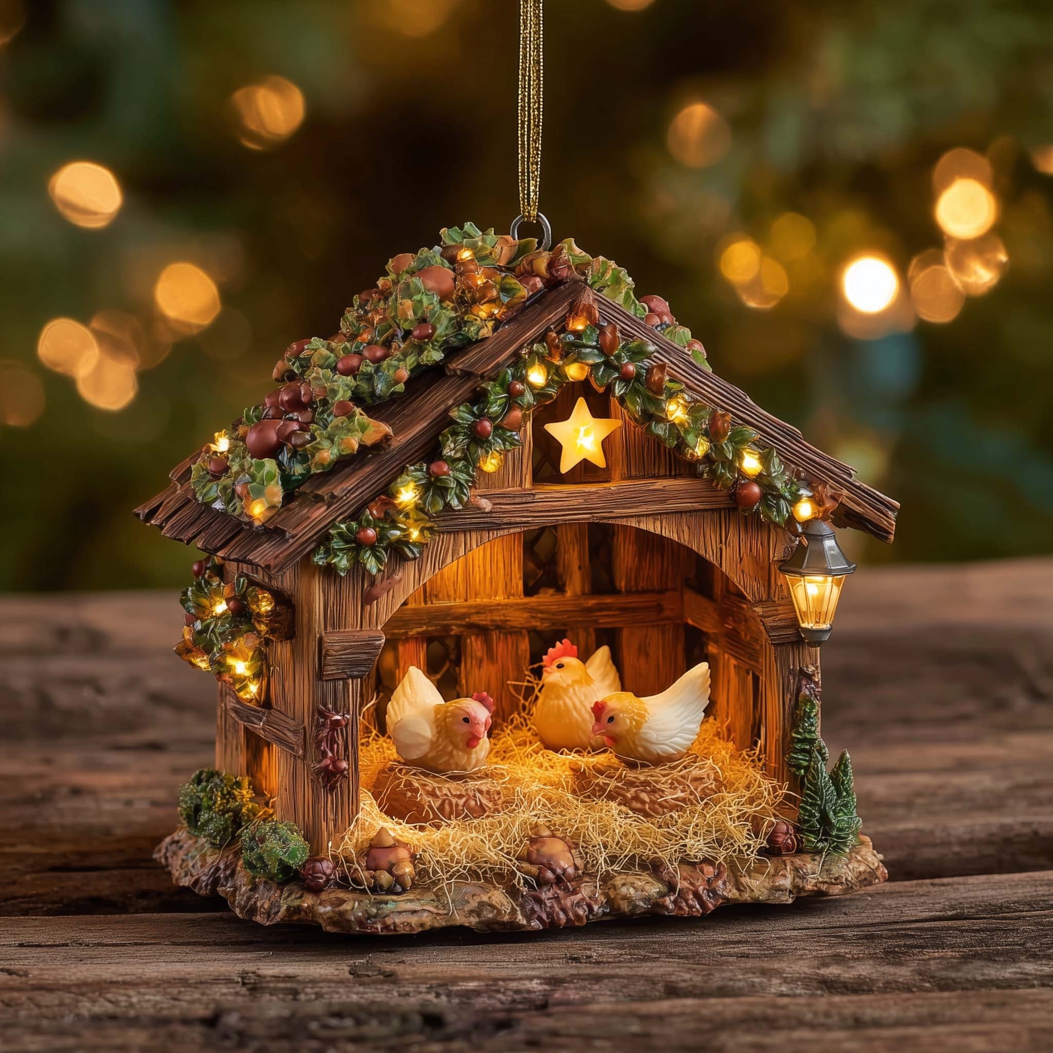 Hens in a Starlit Stable Christmas Ornament