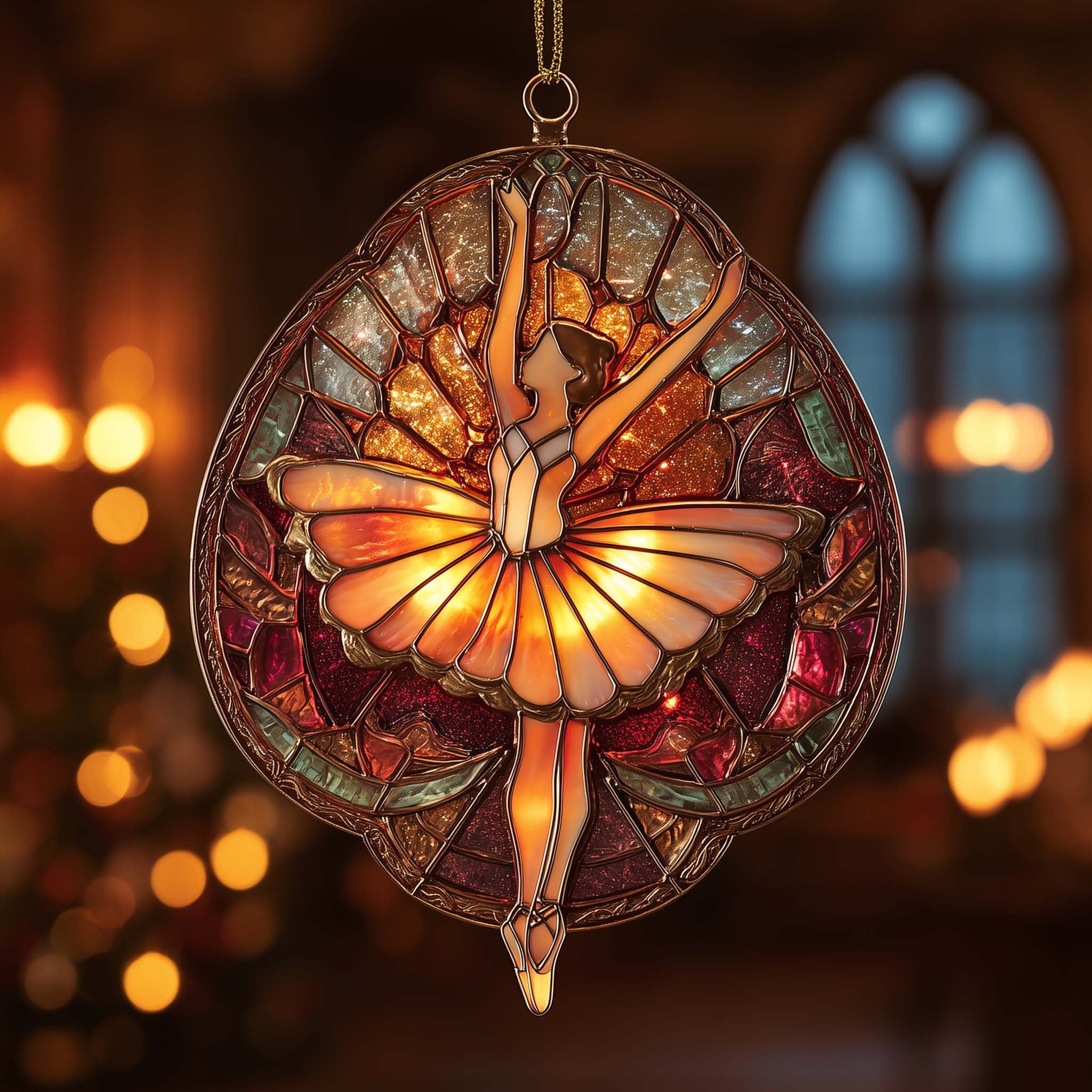 Amber Stained Glass Ballerina Christmas Ornament
