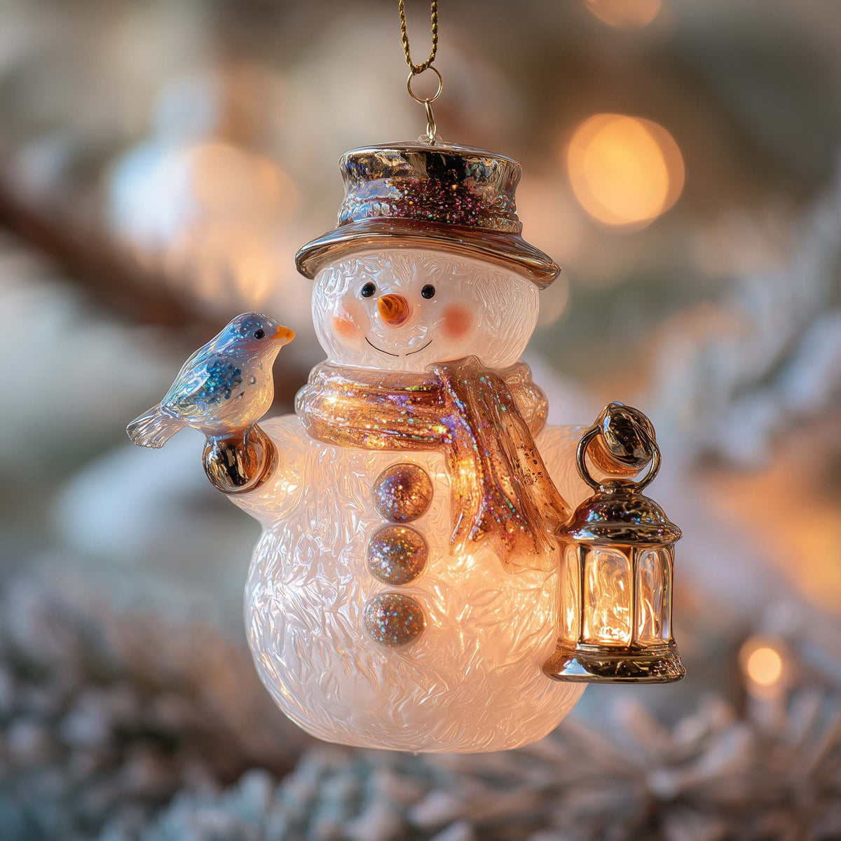 Glowing Snowman with a Robin Christmas Ornament