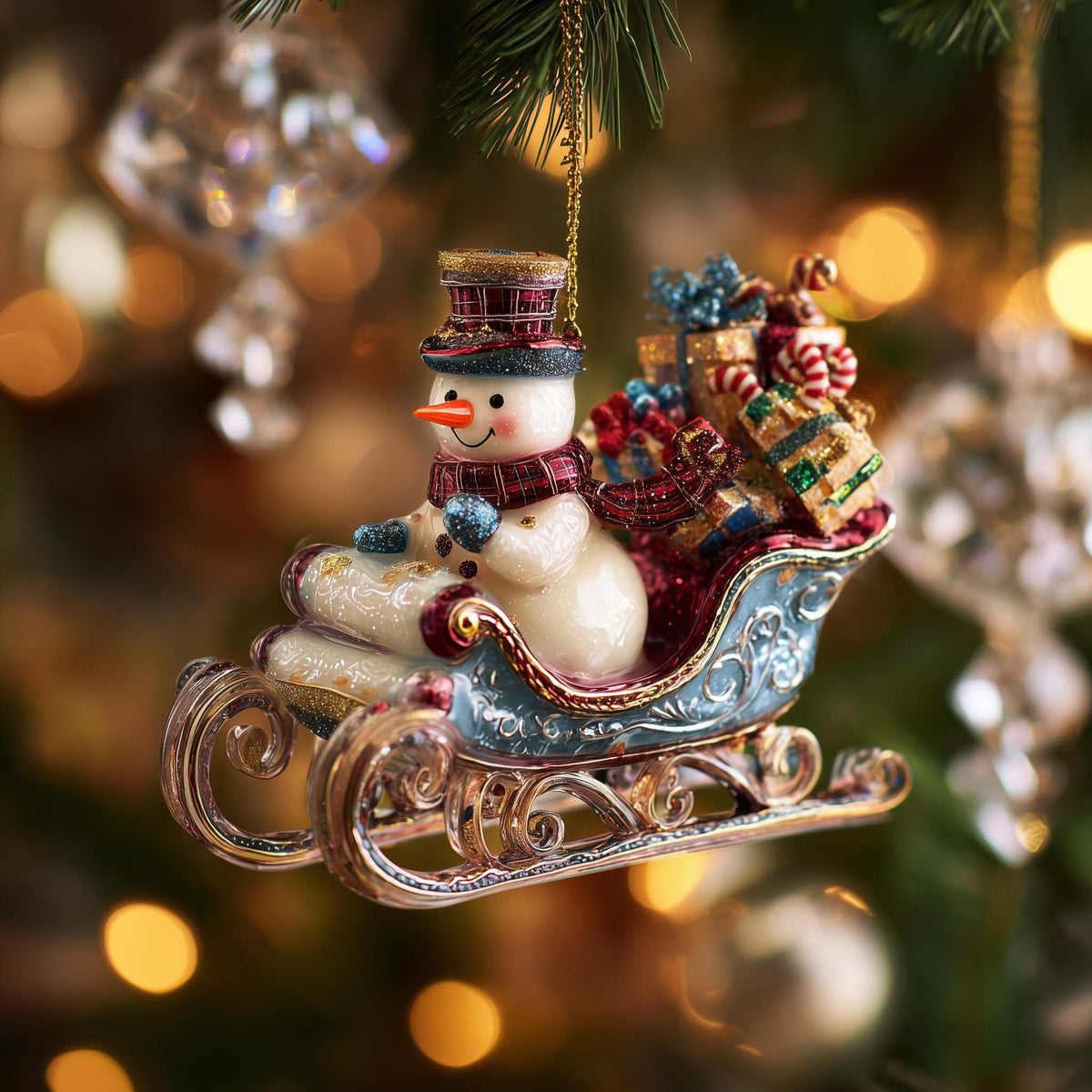 Snowman Sleigh with Candy Canes Christmas Ornament