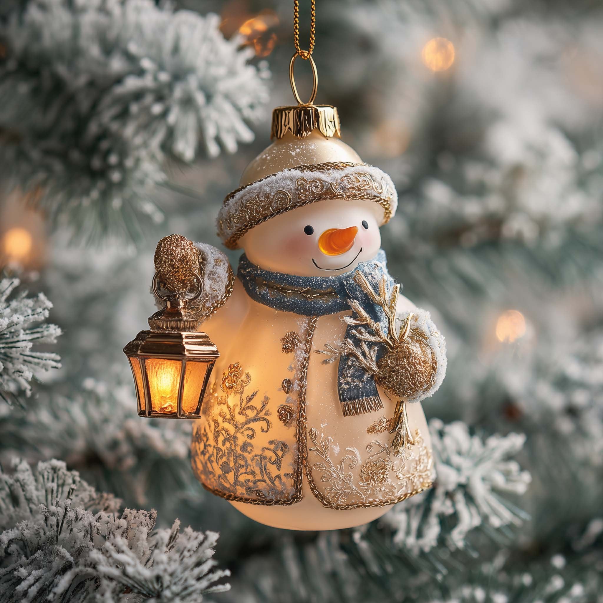 Snowman with a Fur Hat and Lantern Christmas Ornament