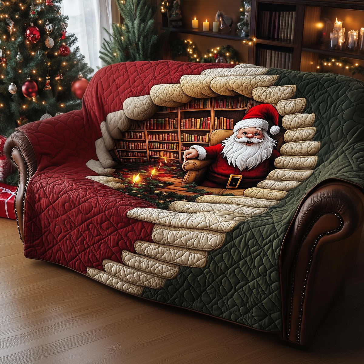 Santa Climbing the Bookshelf Stairs Sofa Cover
