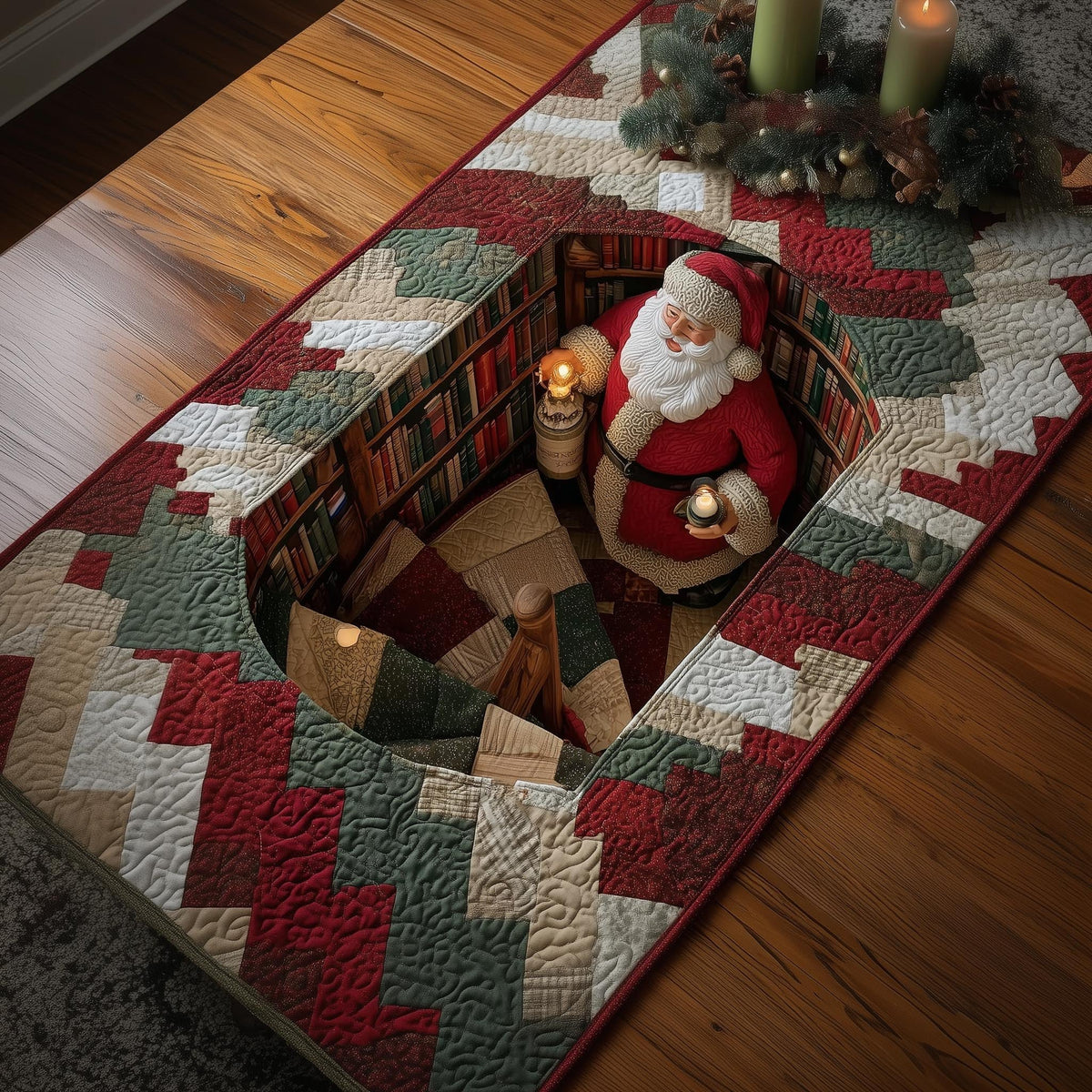 Santa on Patchwork Chevrons Table Runner