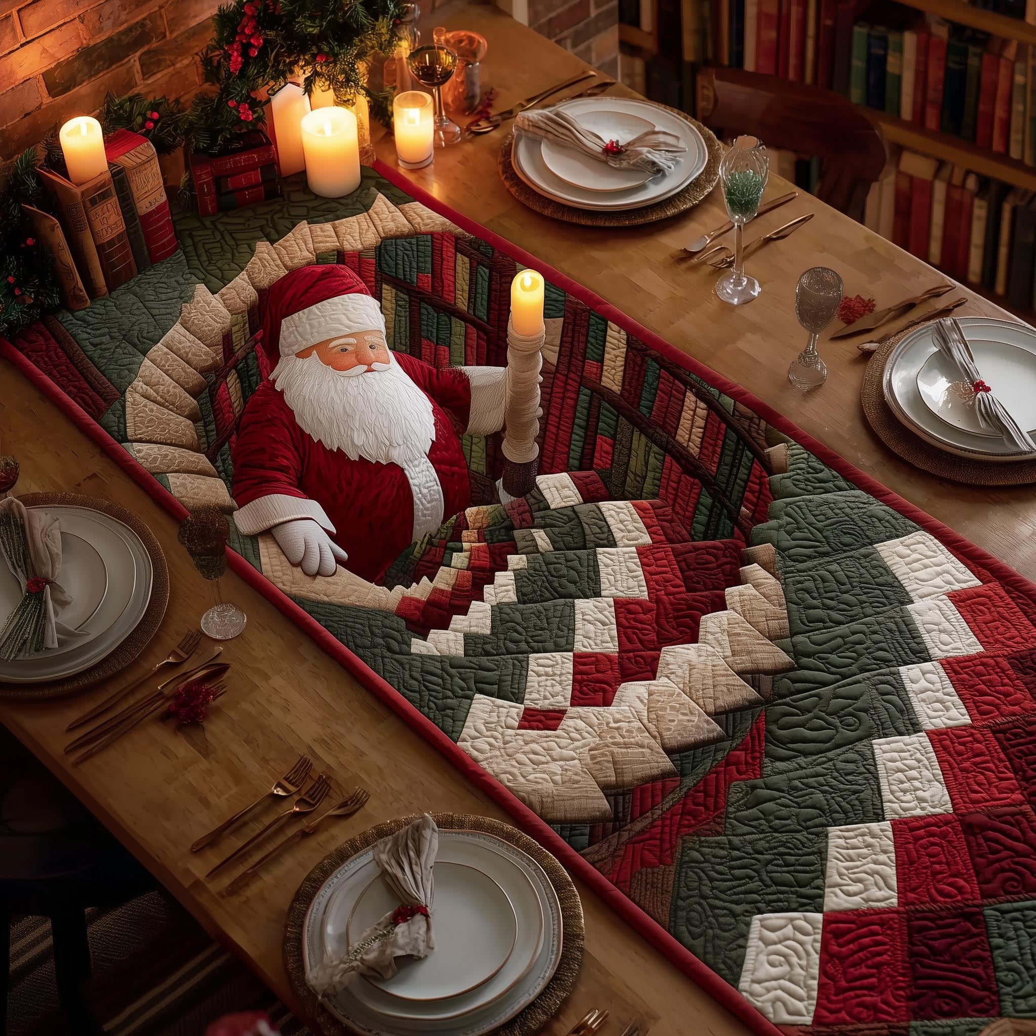 Santa with Green Chevron Border Table Runner