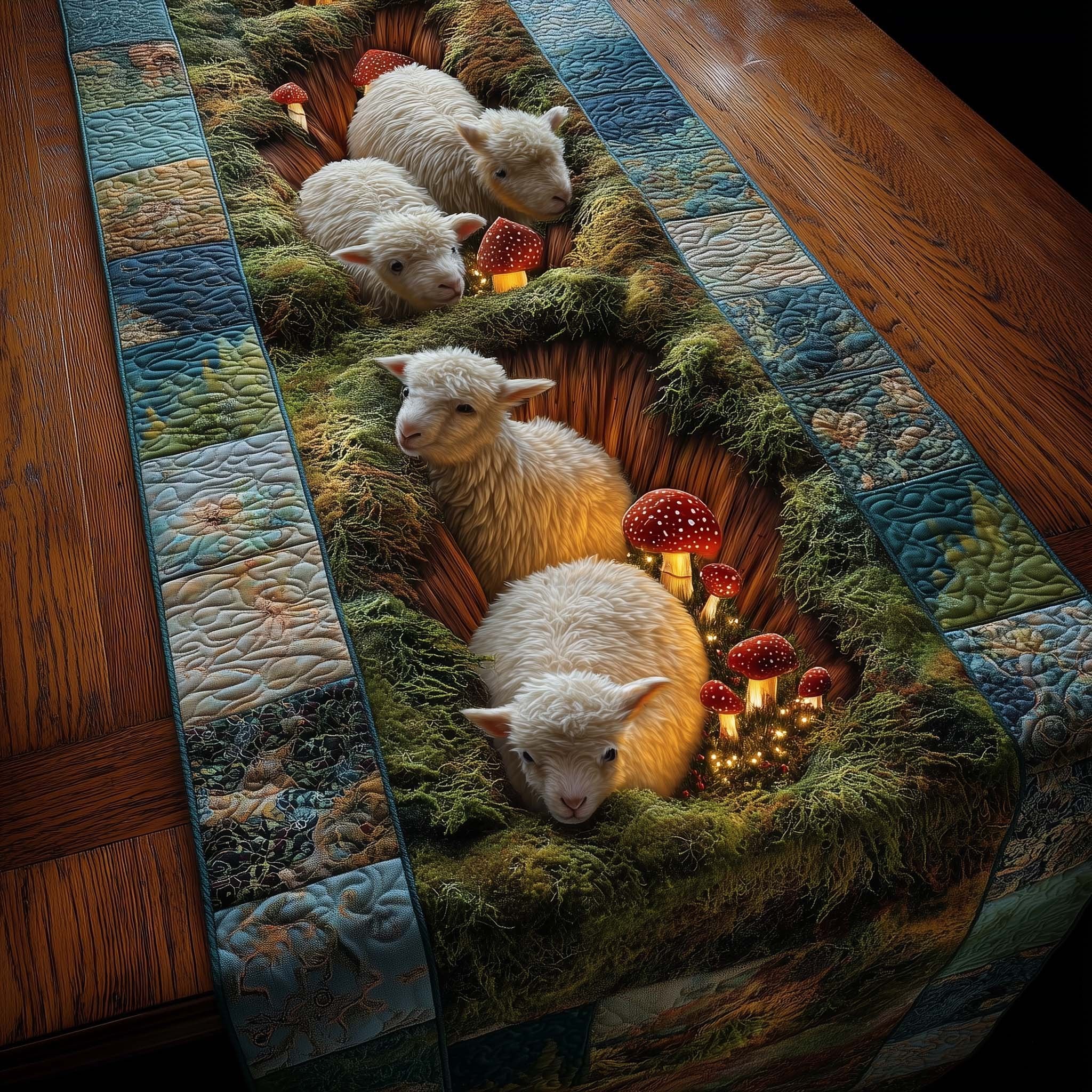 Sheep Resting on Mossy Log Table Runner