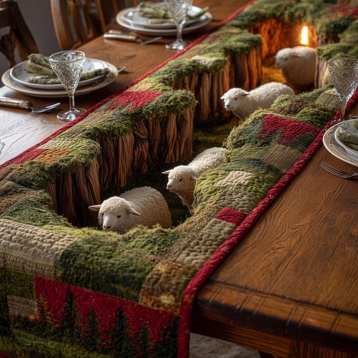 Sheep on Green Mossy Bank Table Runner