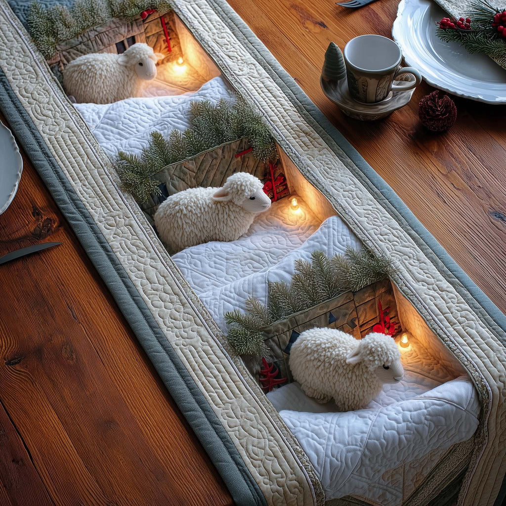 Sheep Resting on White Snow Table Runner