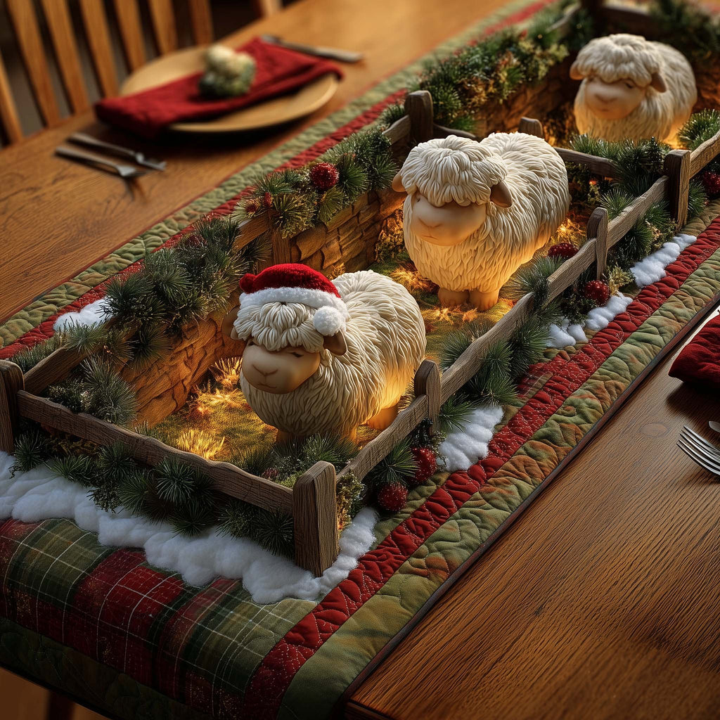 Sheep in Santa Hats in Wooden Crate Table Runner
