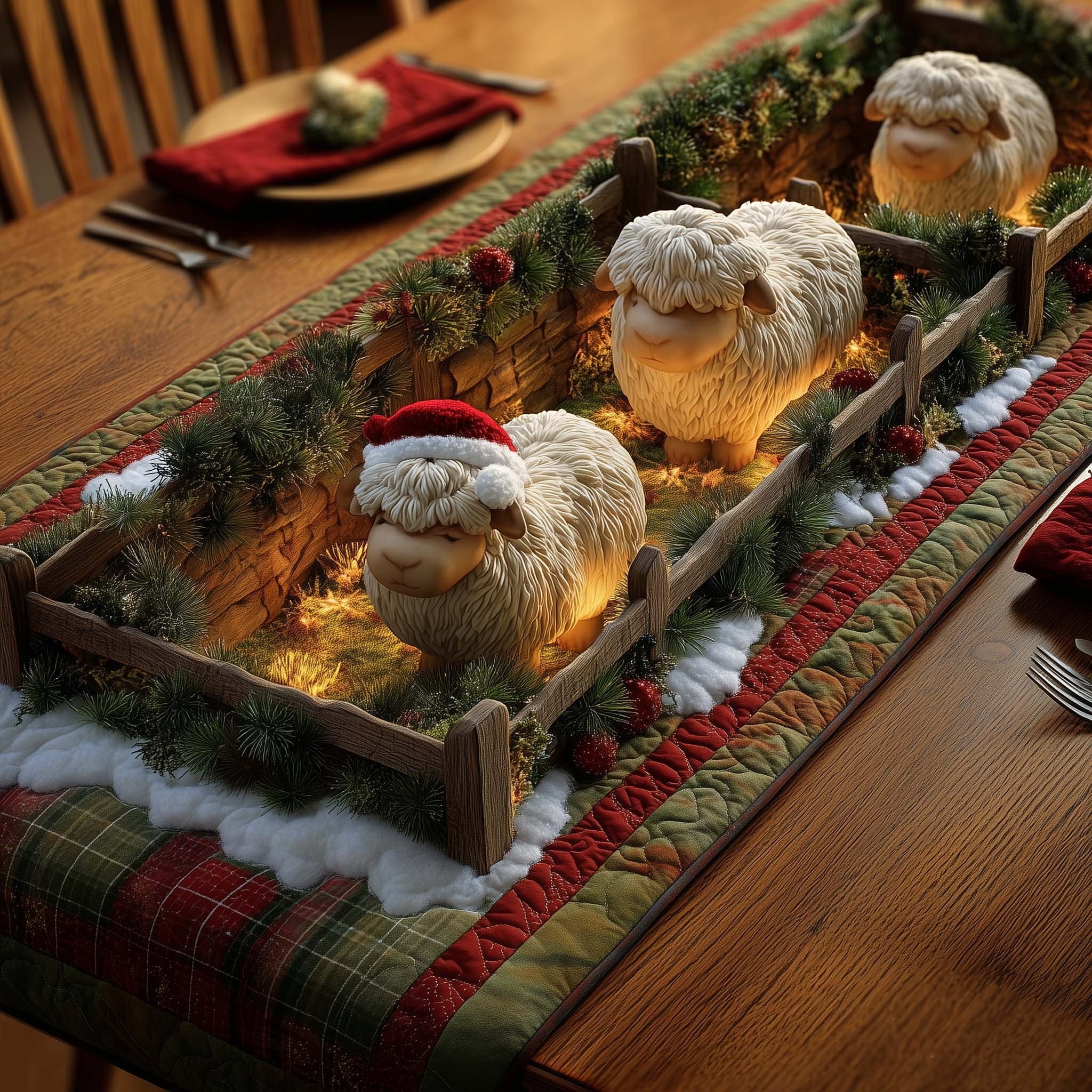 Sheep in Santa Hats in Wooden Crate Table Runner