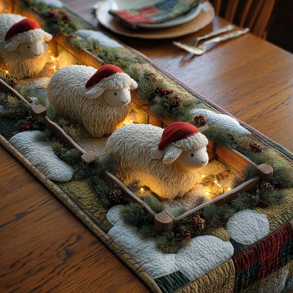 Sheep in Santa Hats on Tray Table Runner