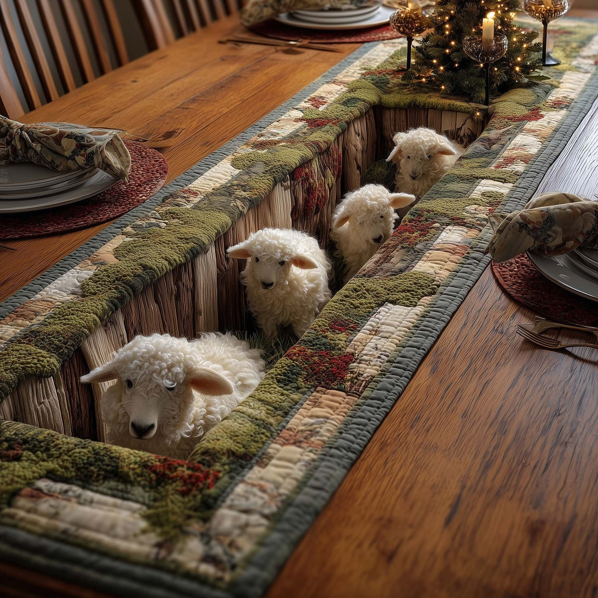 Sheep Along a Mossy Fence Table Runner