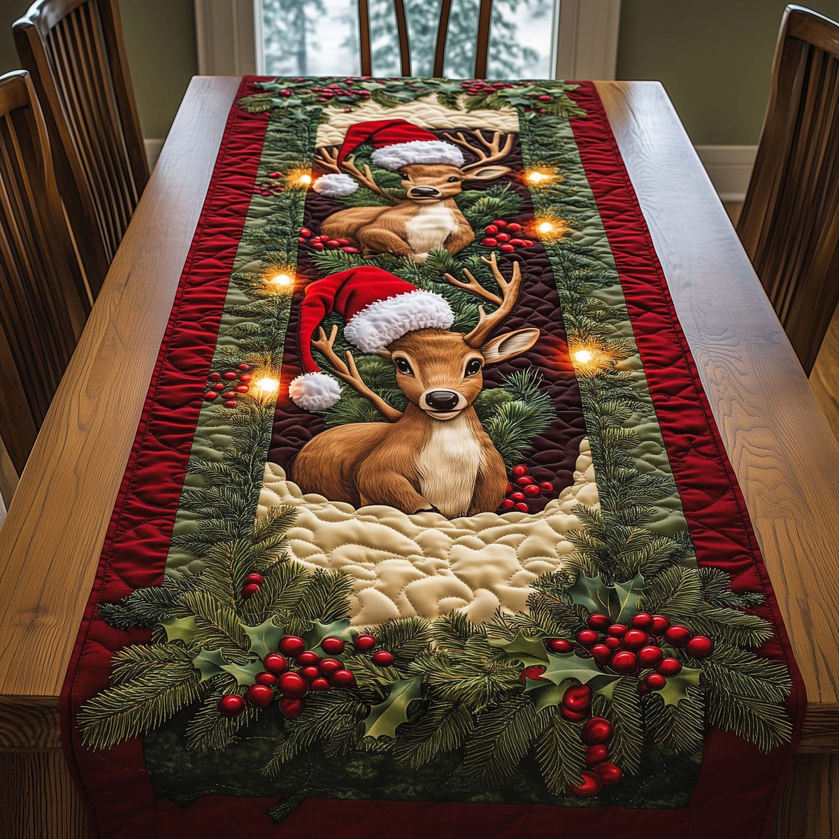 Deer in Santa Hat with Berries Table Runner