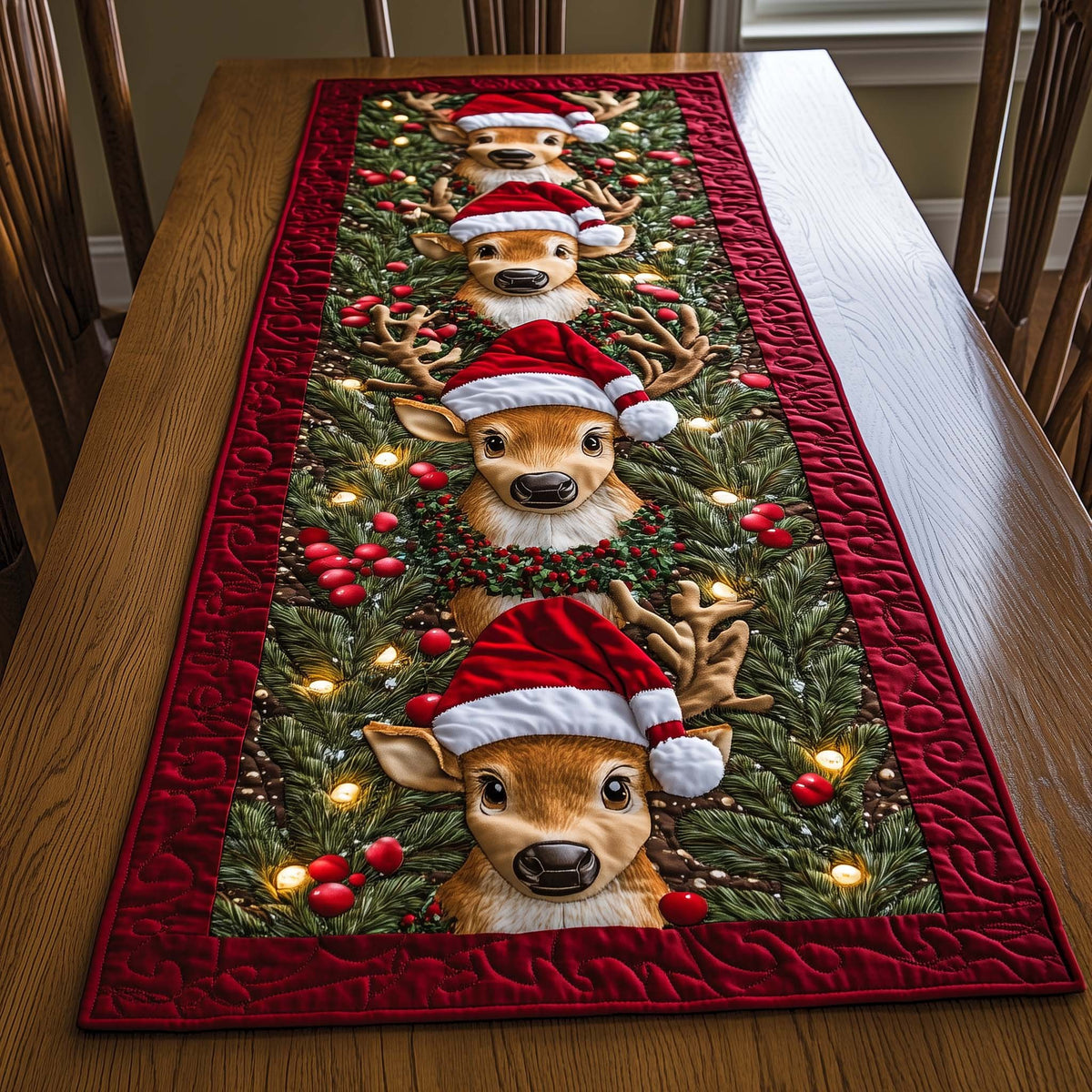 Deer in Santa Hats with Lights Table Runner