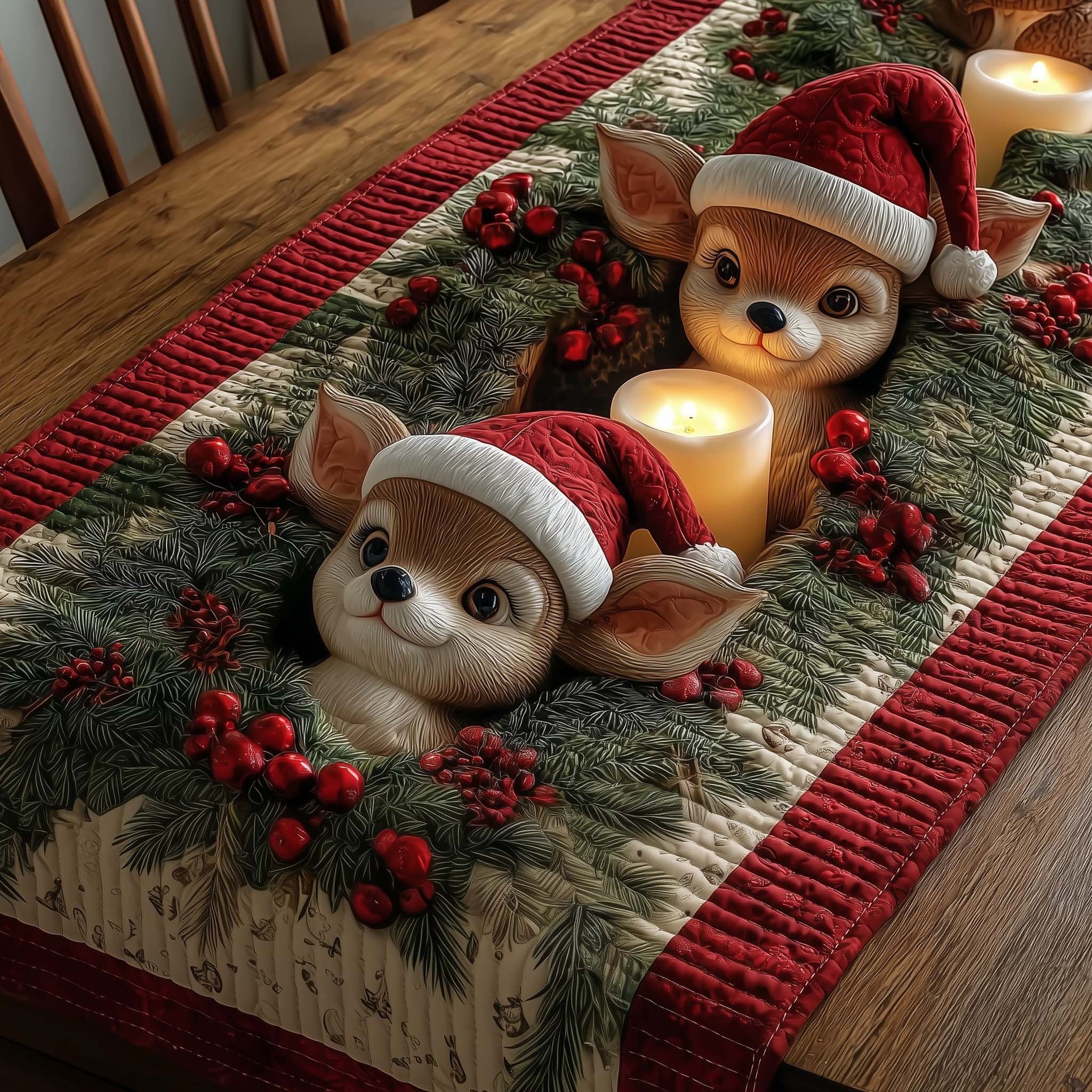 Puppy in Santa Hat by Candle Table Runner