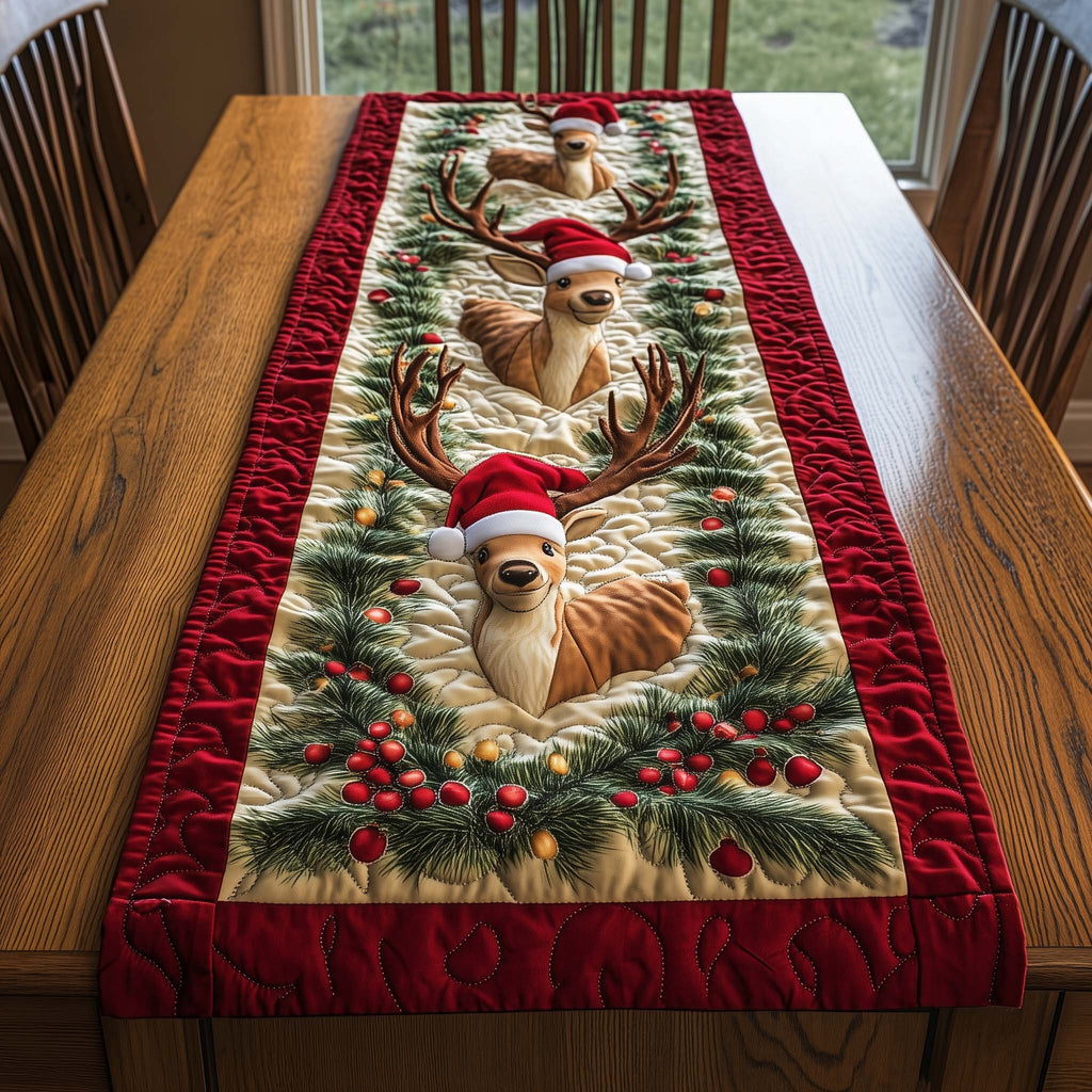 Reindeer in Santa Hat on Green Table Runner
