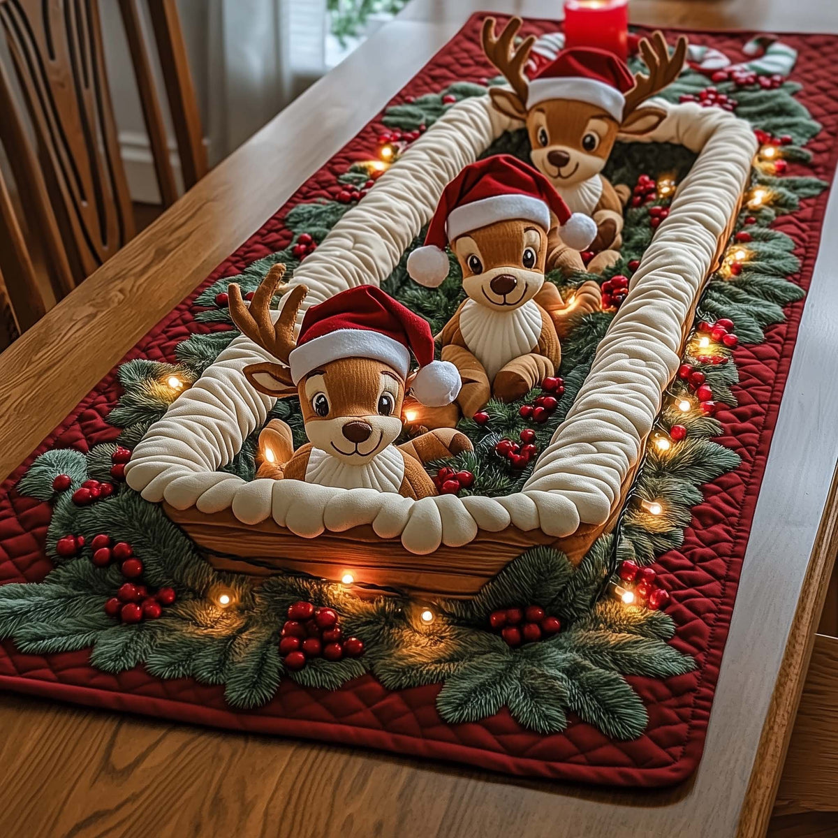Puppies in Santa Hats in a Basket Table Runner