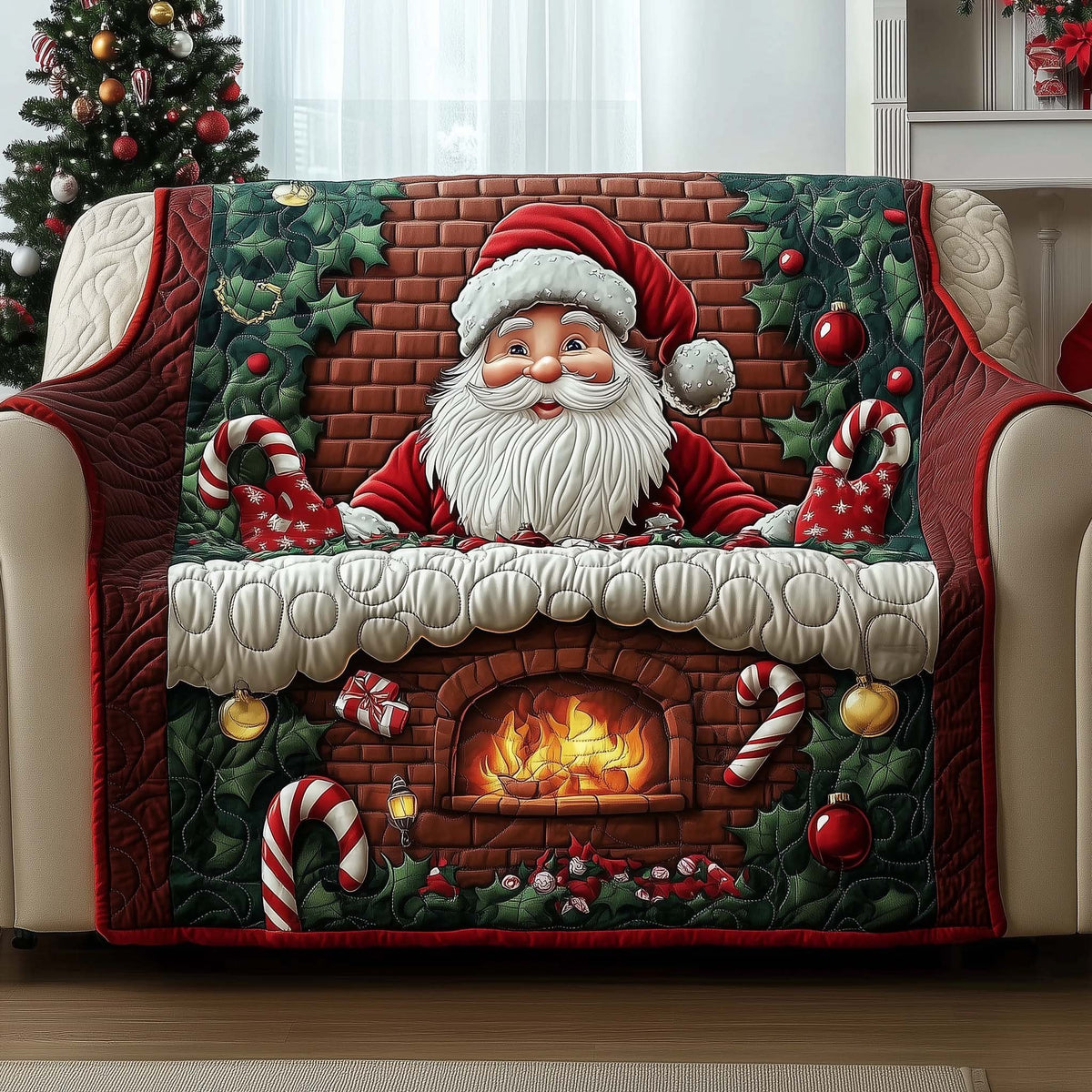 Santa Above the Brick Fireplace Sofa Cover
