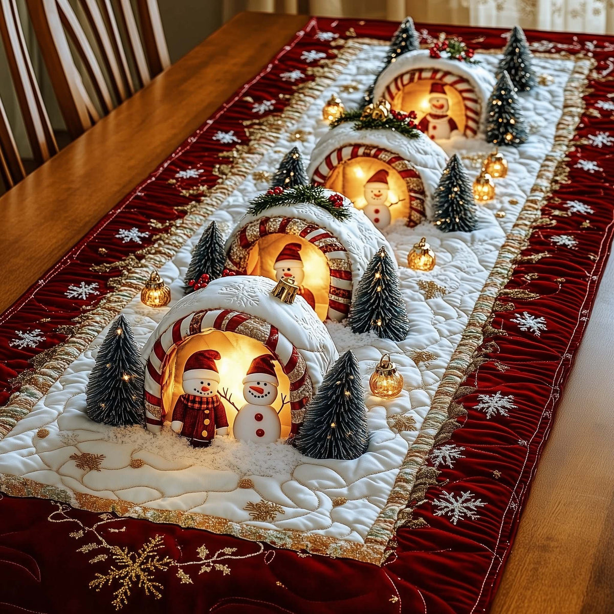 Snowmen Under Glowing Arches Table Runner
