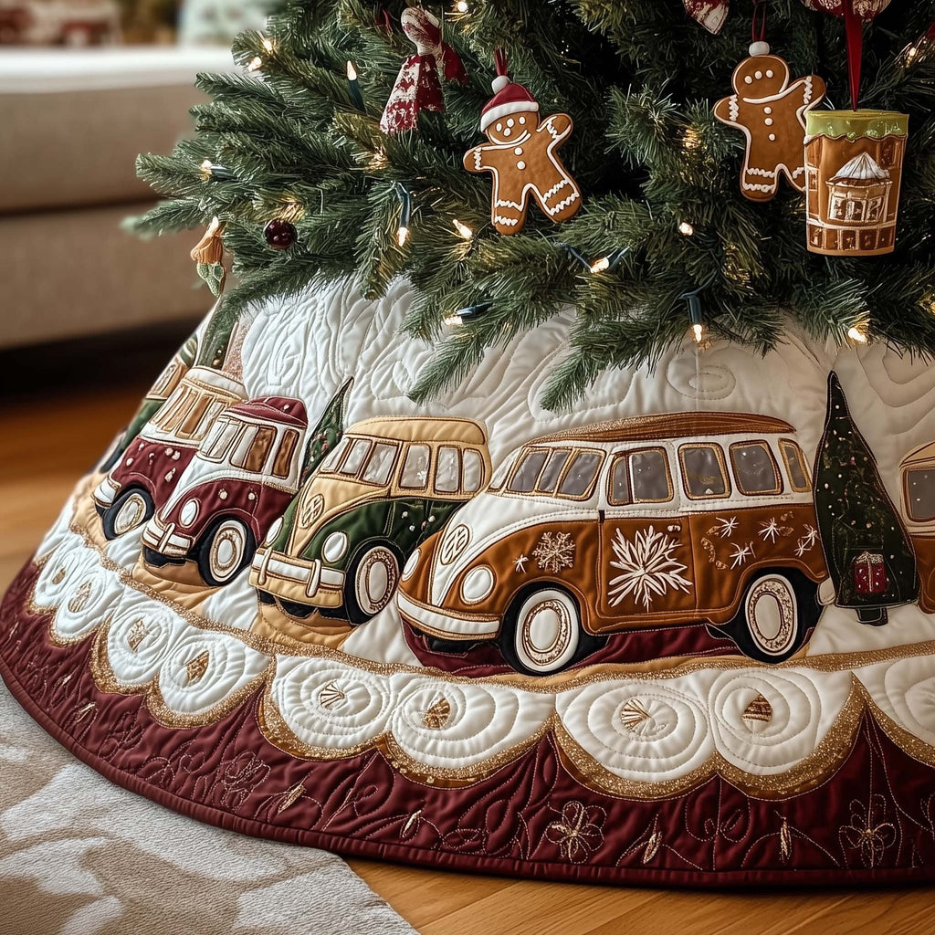 Vintage Camper Vans on the Snowy Scallop Border Christmas Tree Skirt