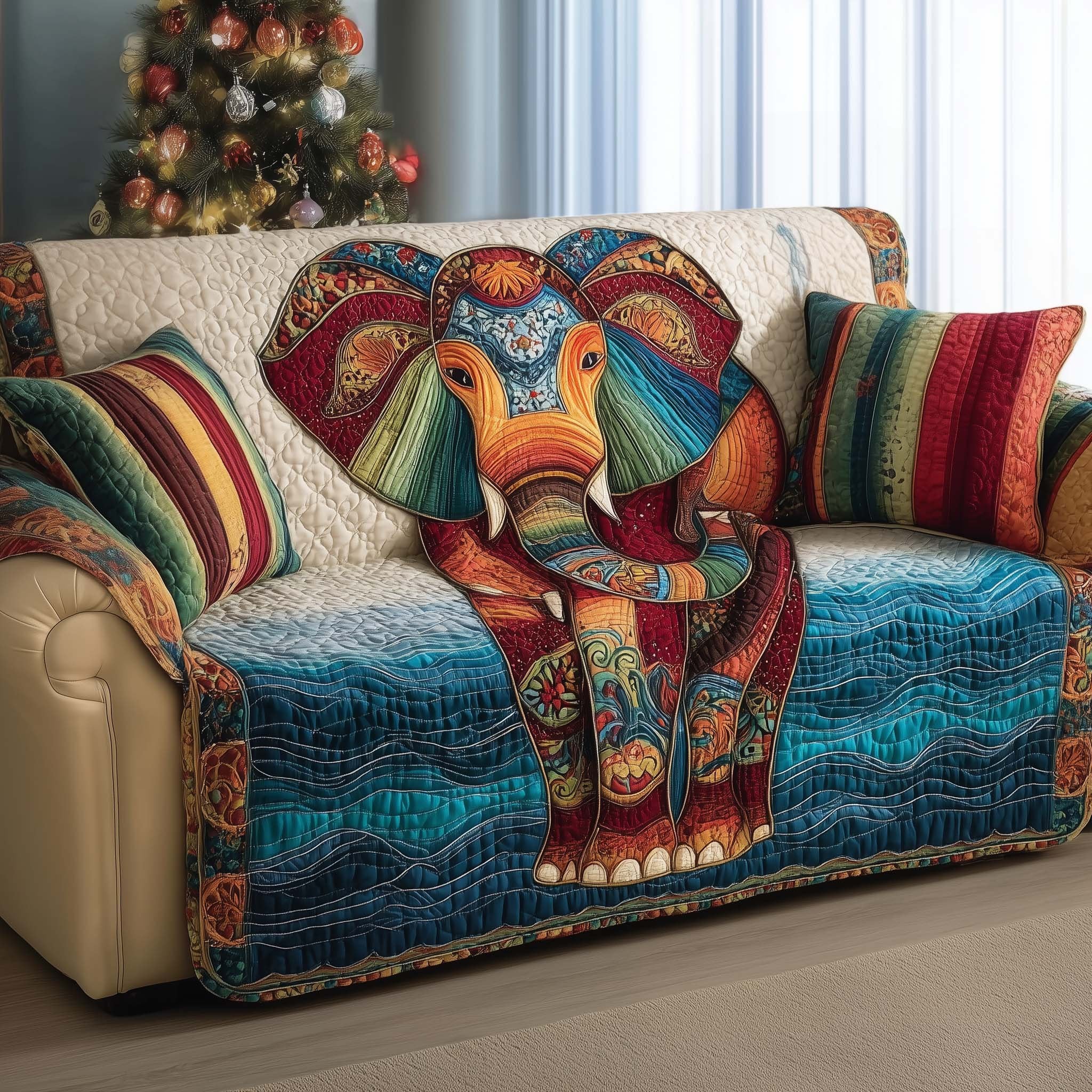 Painted Elephant on Teal and Orange Sofa Cover
