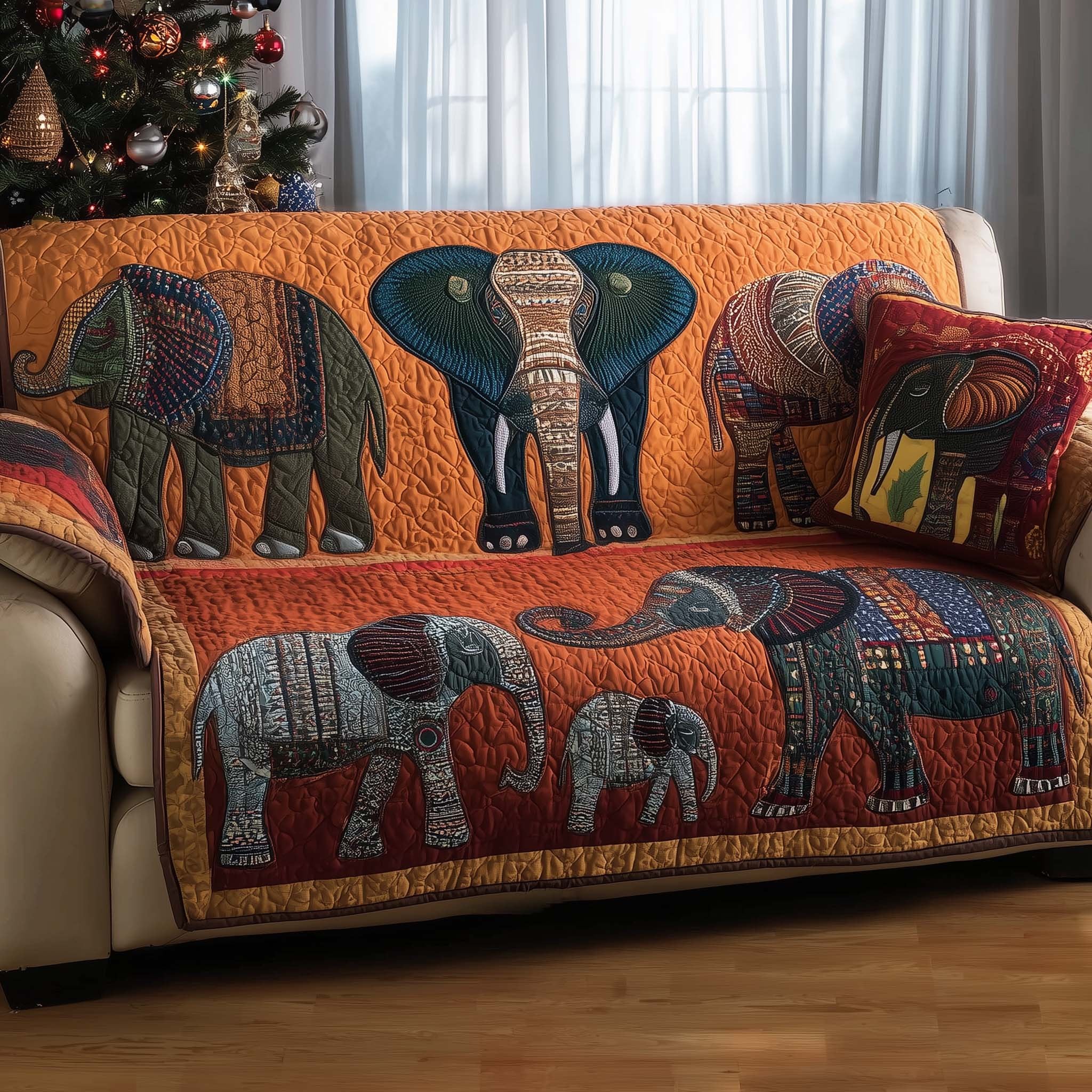 Row of Painted Elephants in Warm Orange Sofa Cover