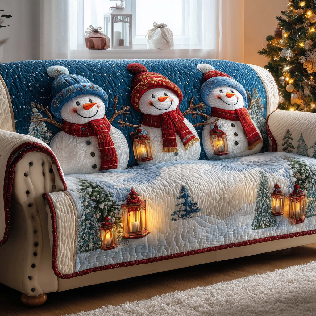 Snowmen in Plaid Scarves by Lantern Light Sofa Cover