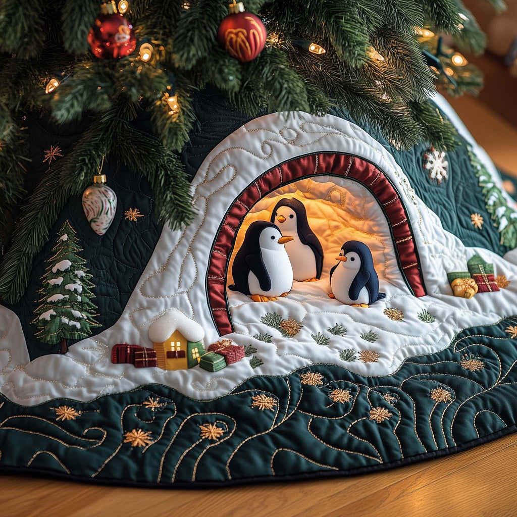 Penguins in the Snowy Igloo Christmas Tree Skirt