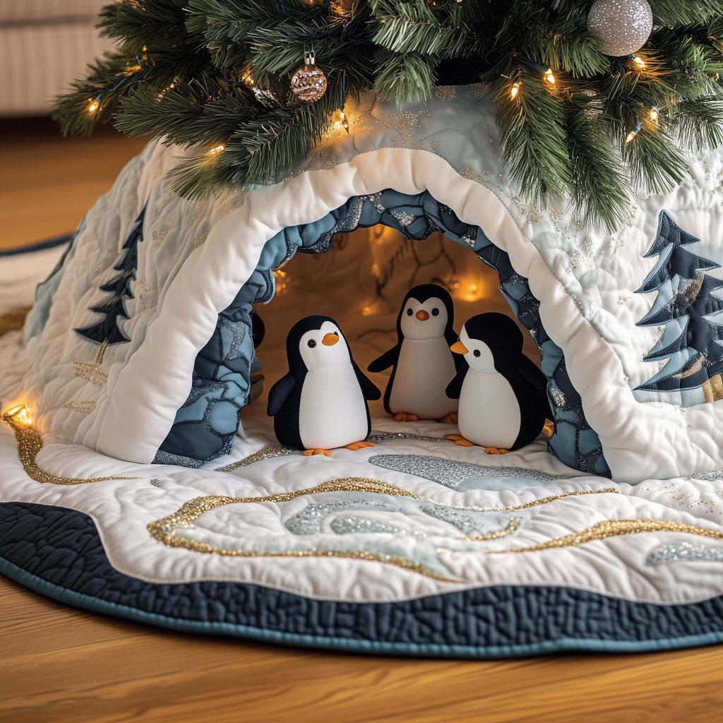 Penguin Pair in the Ice Cave Christmas Tree Skirt