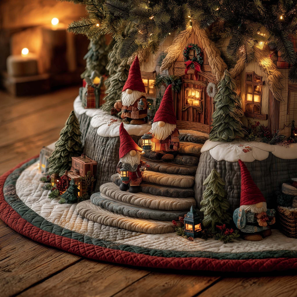 Gnomes on the Snowy Hillside Village Christmas Tree Skirt