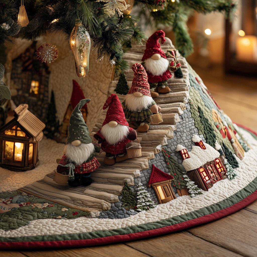 Gnomes Watching the Snowy Village Christmas Tree Skirt