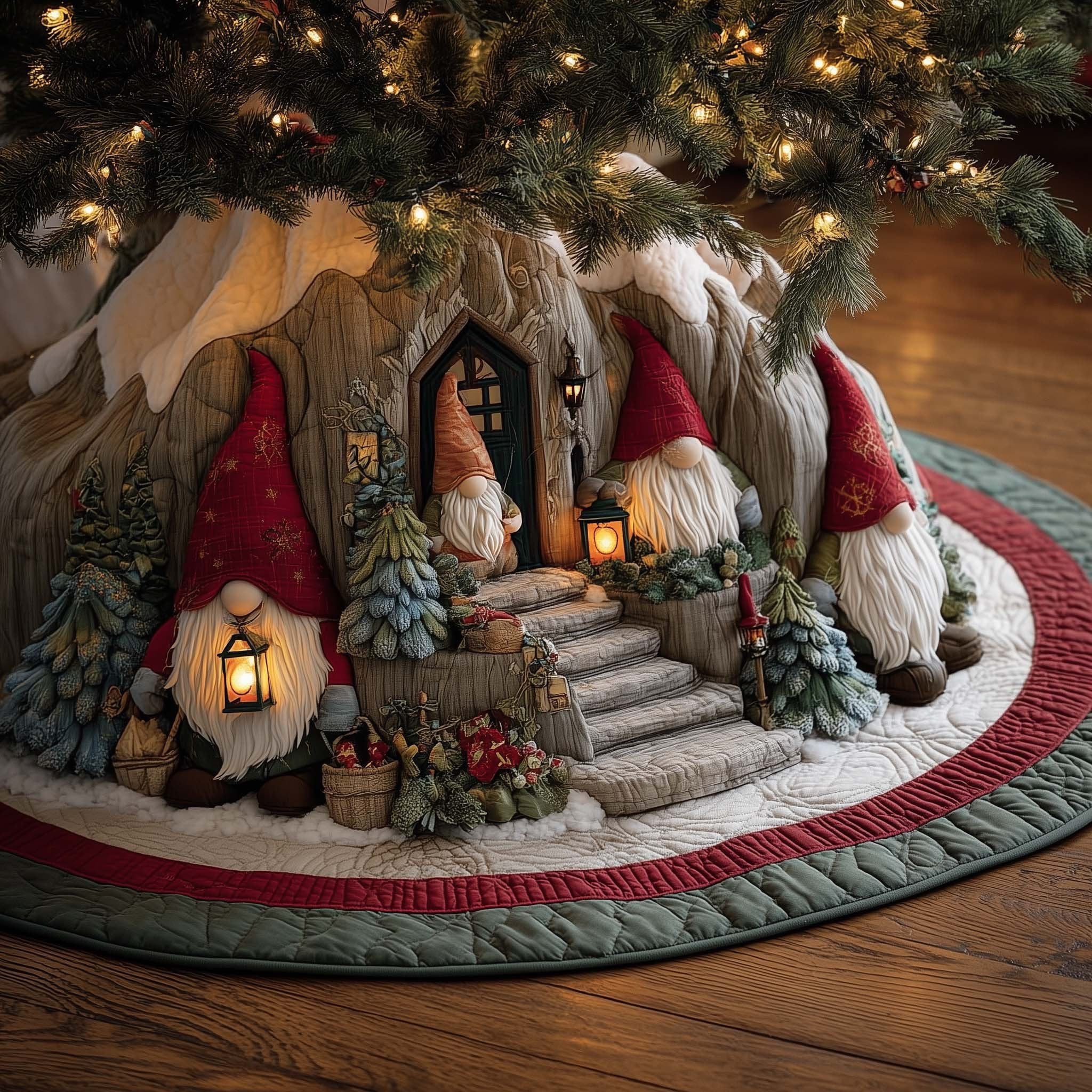 Gnomes at the Snow Covered Cottage Christmas Tree Skirt