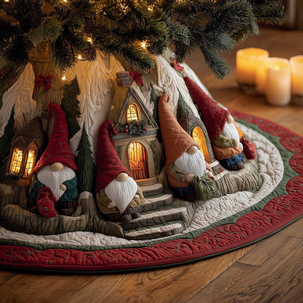 Gnomes on the Cottage Stone Steps Christmas Tree Skirt