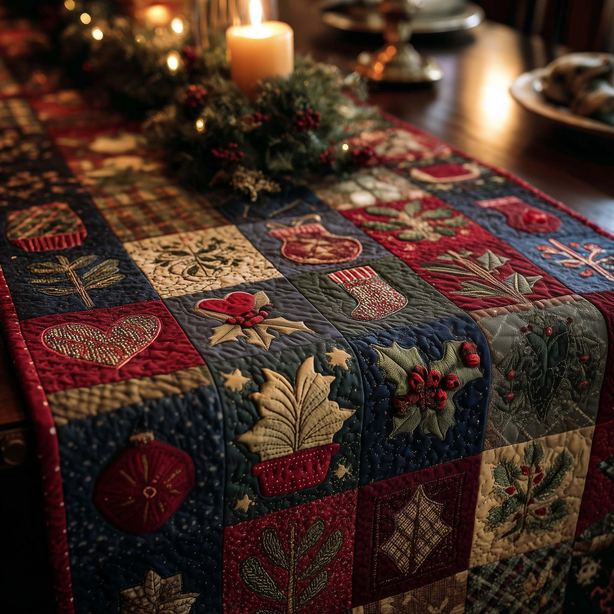 Folk Christmas Blocks on Dark Table Runner